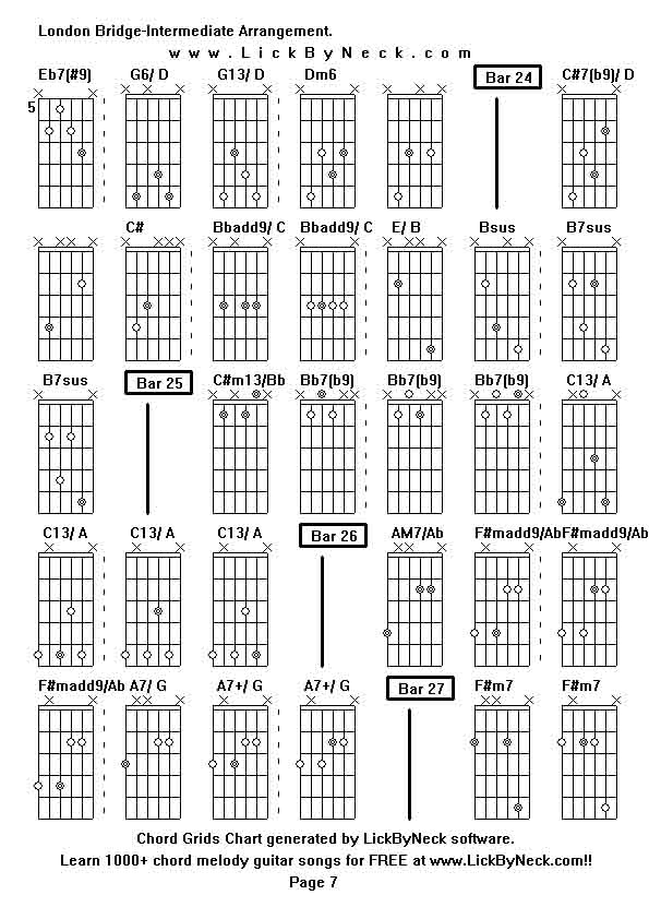 Chord Grids Chart of chord melody fingerstyle guitar song-London Bridge-Intermediate Arrangement,generated by LickByNeck software.